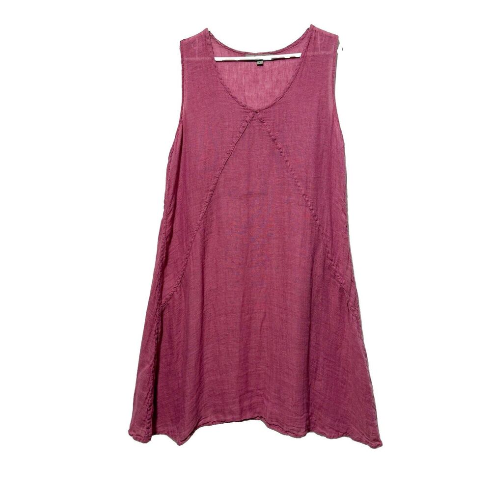 FLAX Women’s L Pink 100% Linen Sleeveless A-Line Midi Dress Lagenlook Boho